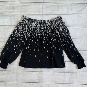 White House Black Market WHBM Chic Black Off-Shoulder Blouse with White Dots